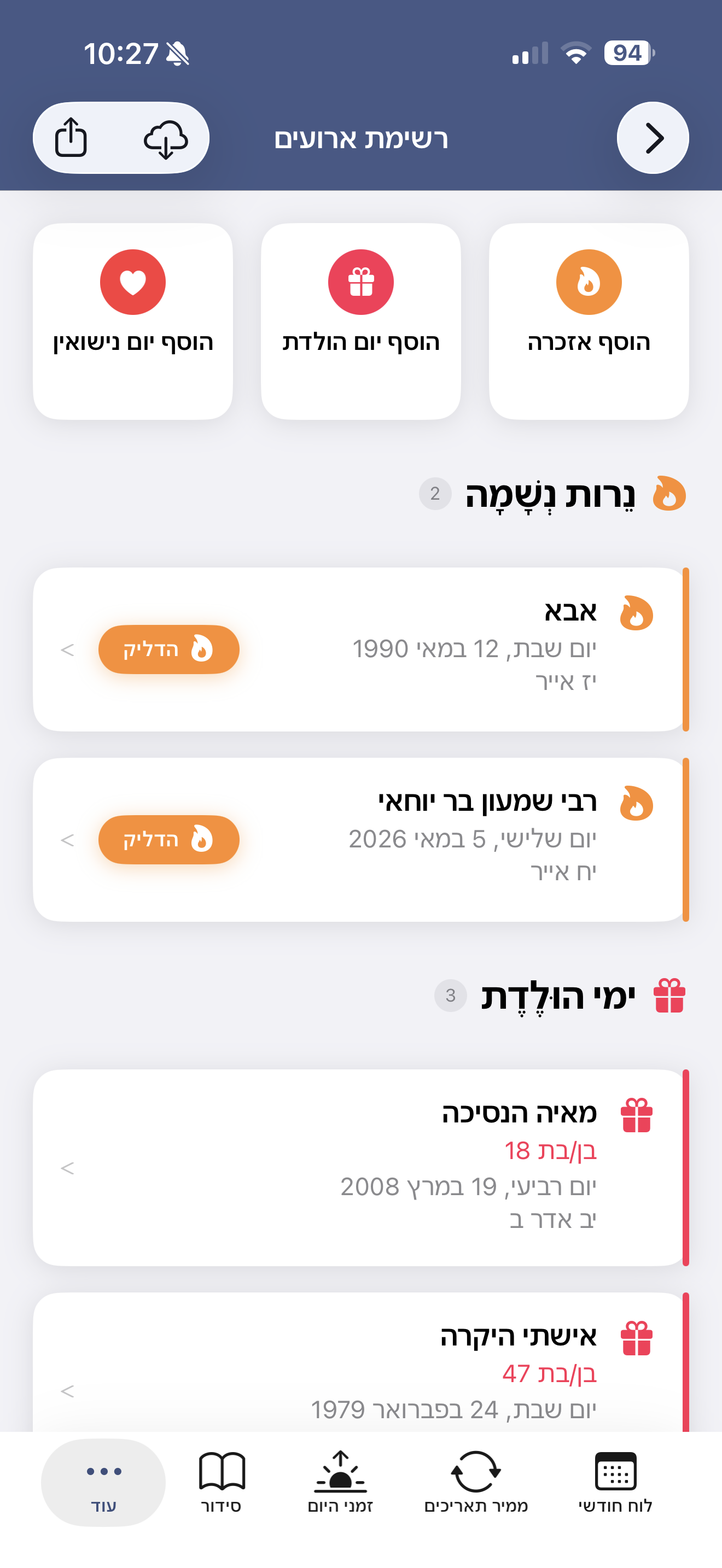 רשימת נרות נשמה ביומן
